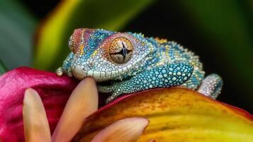A colorful chameleon is sitting on a flower photo