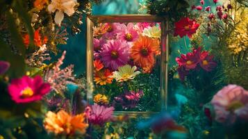 A frame with flowers in it and a mirror photo