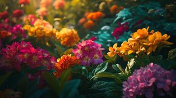 Colorful flowers in the garden with sunlight shining through photo