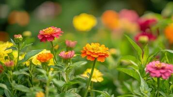 Colorful flowers in a garden with green leaves photo