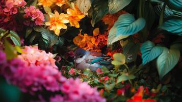 A bird is sitting in a flower garden photo