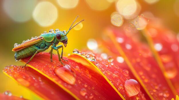A green bug is sitting on top of a red flower photo