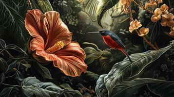 A painting of a bird and flower in the jungle photo