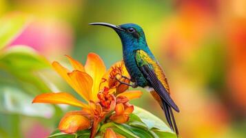 A colorful bird is perched on a flower photo