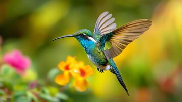 A hummingbird flying over a flower photo