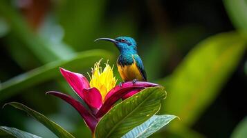 A colorful bird sits on a flower in the jungle photo