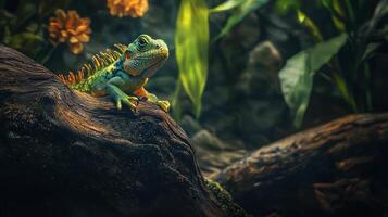 An iguana is sitting on a log in the jungle photo