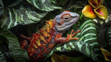 An orange lizard is sitting on a leaf photo