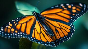 A monarch butterfly is shown on a leaf photo