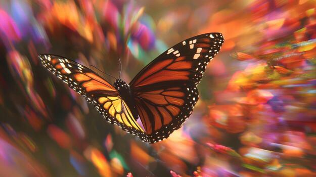 A butterfly is flying through a field of flowers photo