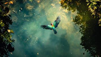 A colorful bird flying over a pond surrounded by trees photo