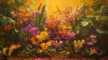 A painting of flowers and plants in a tropical setting photo