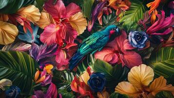 A painting of a bird sitting on a flower photo