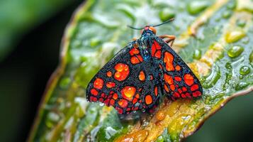 A red and black butterfly on a leaf photo