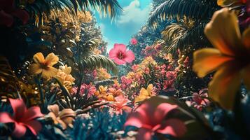 A tropical jungle with flowers and trees photo