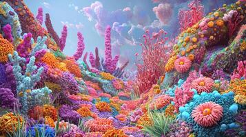 A colorful coral reef scene with many different types of plants photo