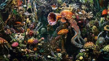 An octopus and other sea creatures are in a tank photo
