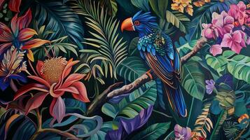 A painting of a colorful parrot on a branch photo