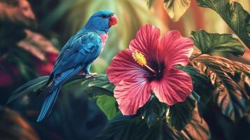A blue parrot sitting on a flower photo
