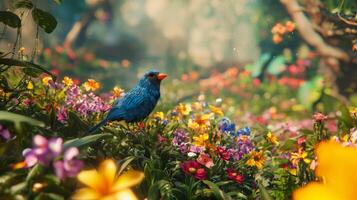 A blue bird is standing in a field of flowers photo