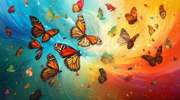 A painting of many butterflies flying in the air photo