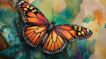 A painting of a monarch butterfly on a leaf photo