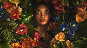 A woman surrounded by flowers in a dark room photo