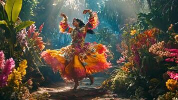 A woman in a colorful dress dancing in the jungle photo