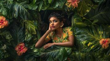 A woman in a tropical setting with flowers and leaves photo