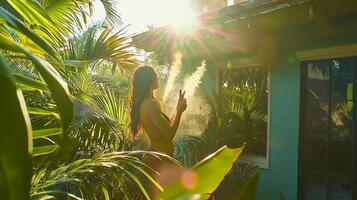 A woman is standing in front of a house with a fan photo