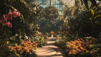A walkway through a tropical garden with flowers photo