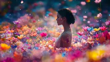A woman is standing in a field of flowers photo
