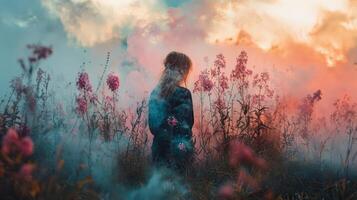 A woman standing in a field of pink flowers photo