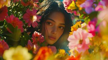 A woman is surrounded by flowers photo