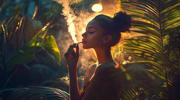 A woman smoking a cigarette in the jungle photo