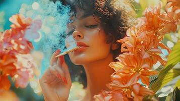 A woman smoking a cigarette in front of flowers photo