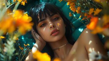 A woman laying in a field of flowers photo