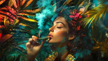 A woman smoking a cigarette in the jungle photo