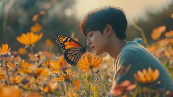 A young man is sitting in a field of flowers with a butterfly photo