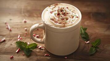 A coffee drink with whipped cream and peppermint leaves photo