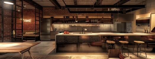 An industrial kitchen with a bar and a table photo