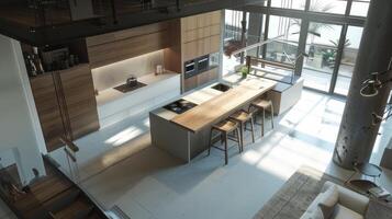 A modern kitchen with a large island and a large dining area photo
