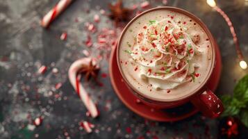 A cup of hot chocolate with whipped cream and candy canes photo