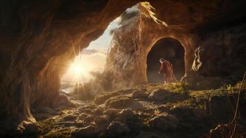 A man stands in front of a cave with the sun shining through photo