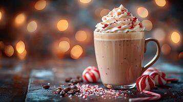 Hot chocolate with whipped cream and candy canes photo
