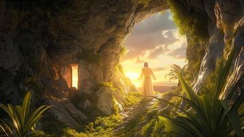 Jesus walking through a cave at sunset photo