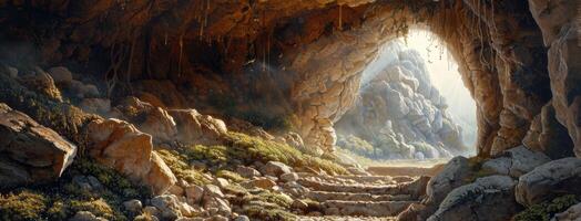 A painting of a cave with steps leading to the light photo