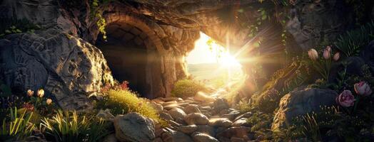 The sun shines through a cave in the middle of a field photo