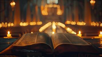 An open bible and candles in a church photo
