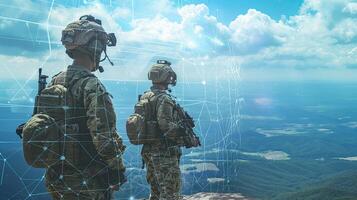 Two soldiers stand on top of a mountain with a network of lines photo